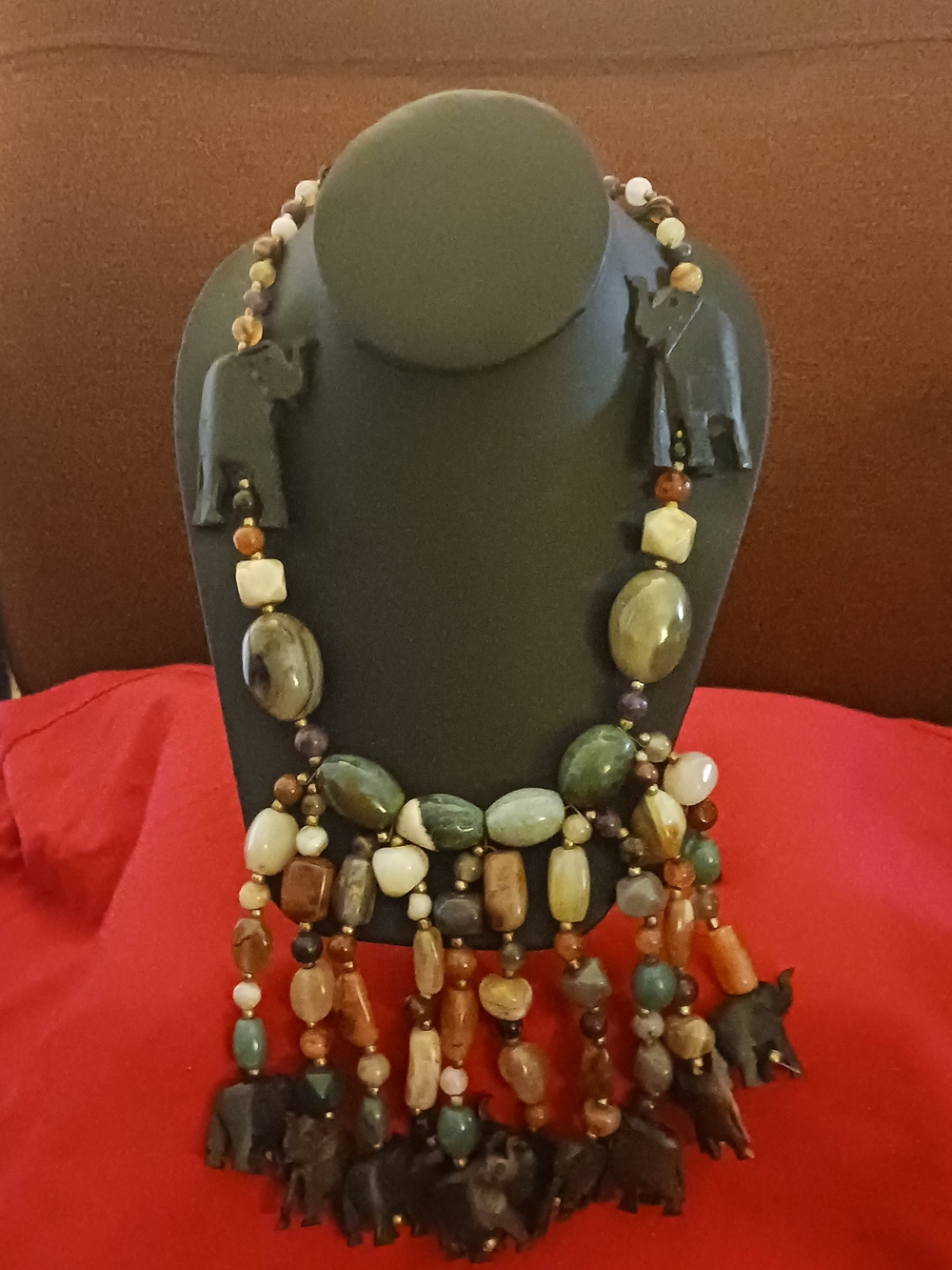 Handcrafted Multi-Stone Elephant Pendant Necklace - Green & Earth Tones